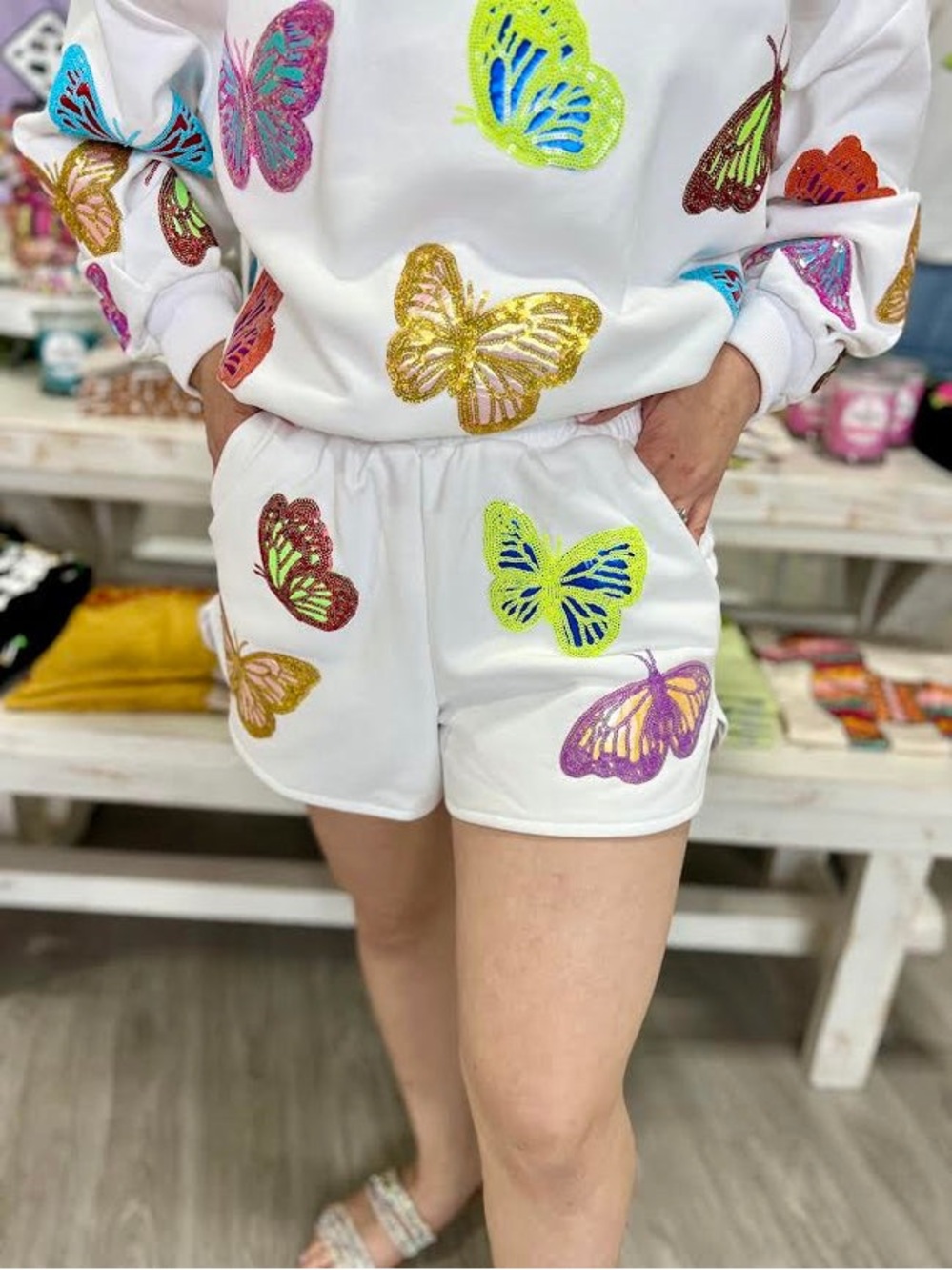 Queen of Sparkles White Multi Butterfly Sequin Shorts NWT Size Medium